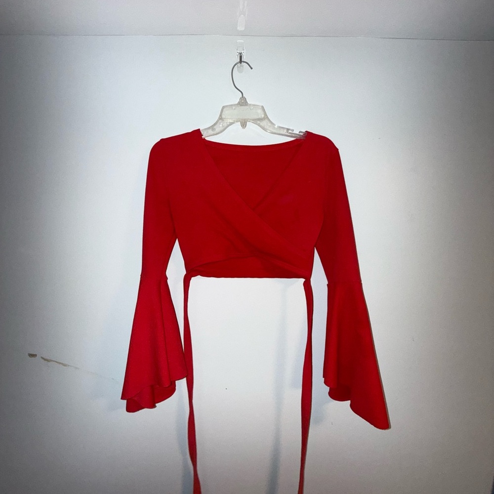 Red Ruffled Bell Sleeve Wrap Blouse